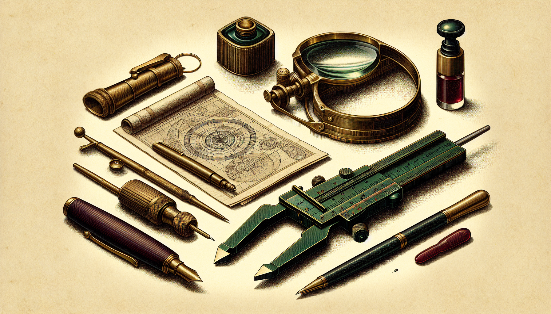 Atlas-style still life of scientific instruments