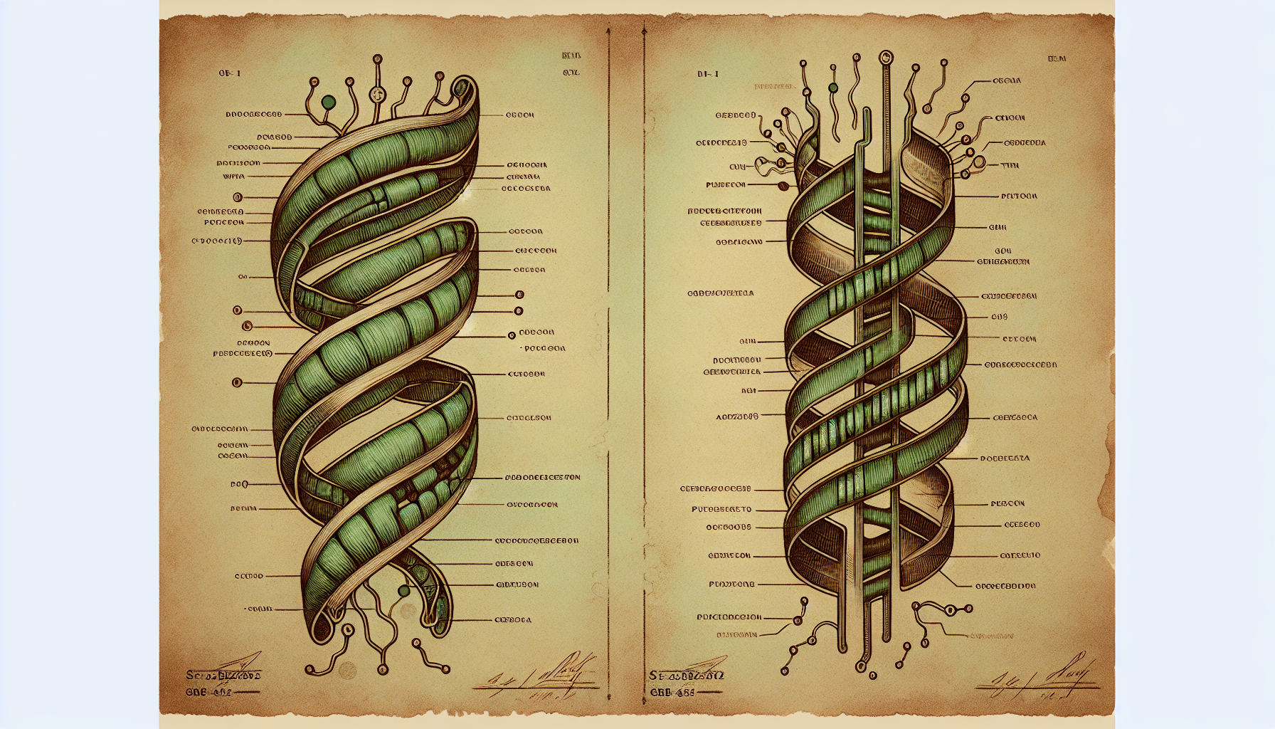 Anatomical illustration: parent gene next to its pseudogene twin with annotated defects